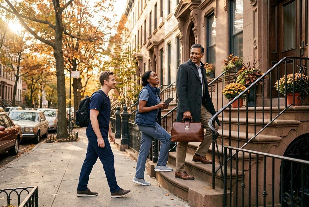 Nurse practitioners climbing a Brooklyn brownstone stoop on their morning rounds