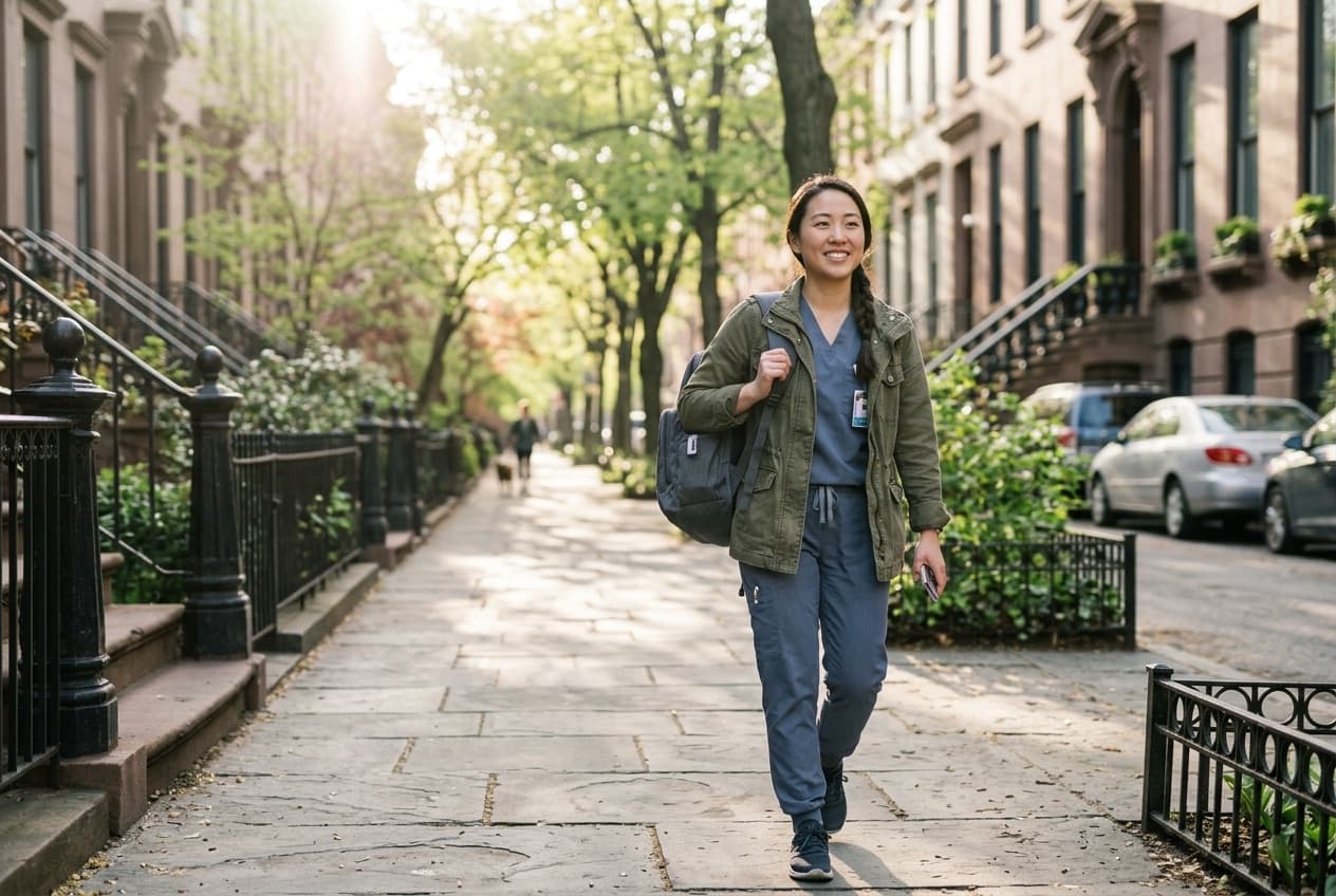 A nurse practitioner with a medical backpack walks down a leafy Brooklyn brownstone street on her morning rounds