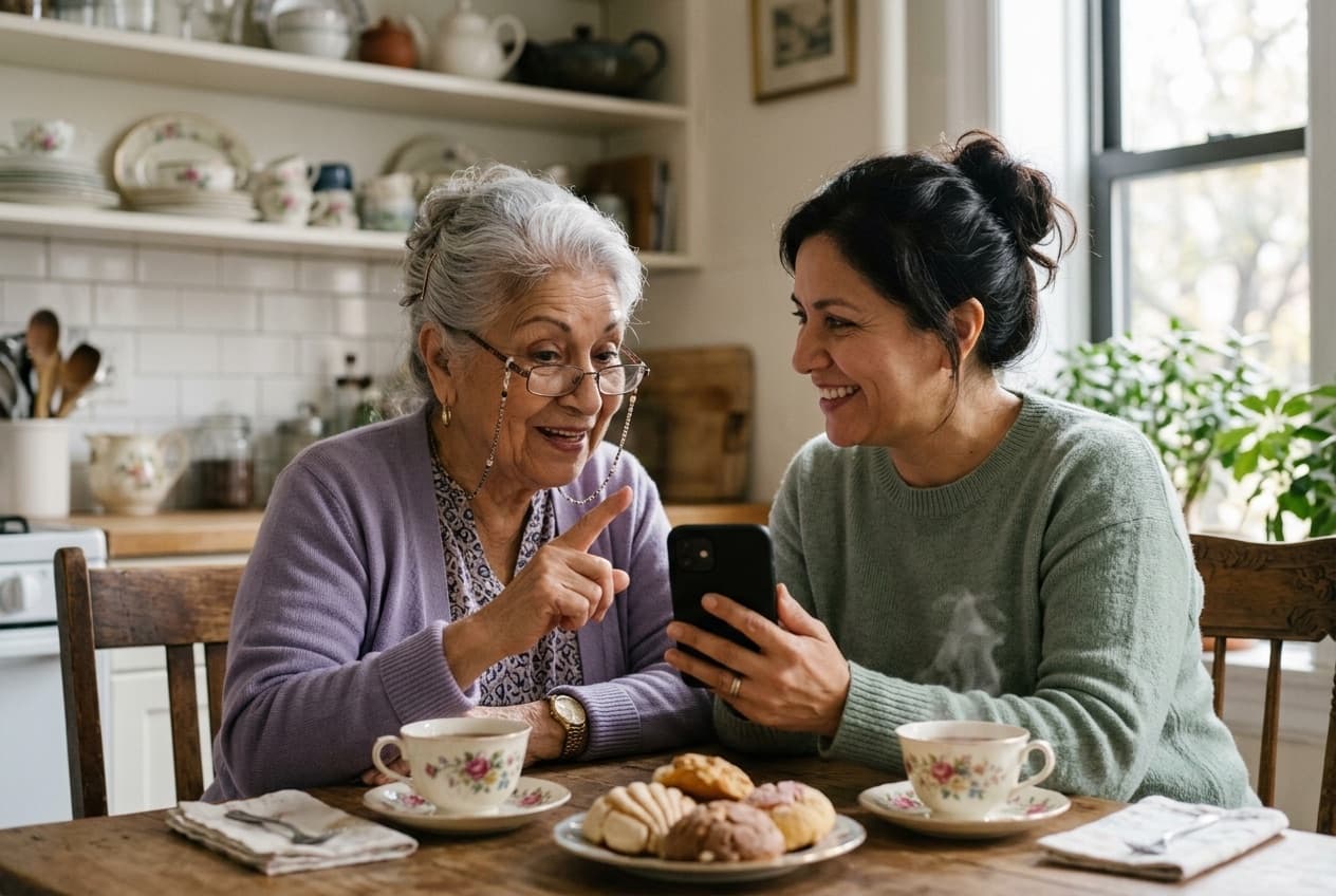An adult daughter helps her elderly mother sign up on a smartphone over tea at the kitchen table